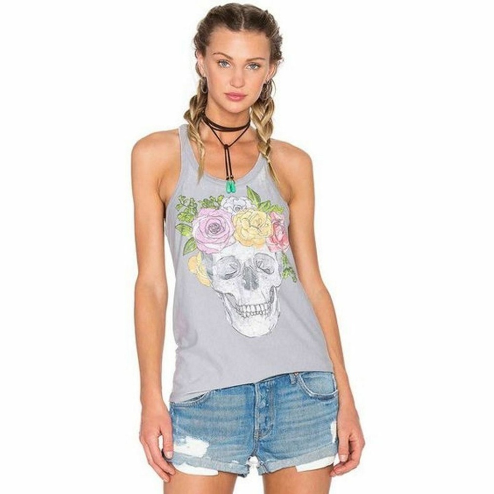 CHASER LA  Flower Crown Skull Jersey Tank Grey